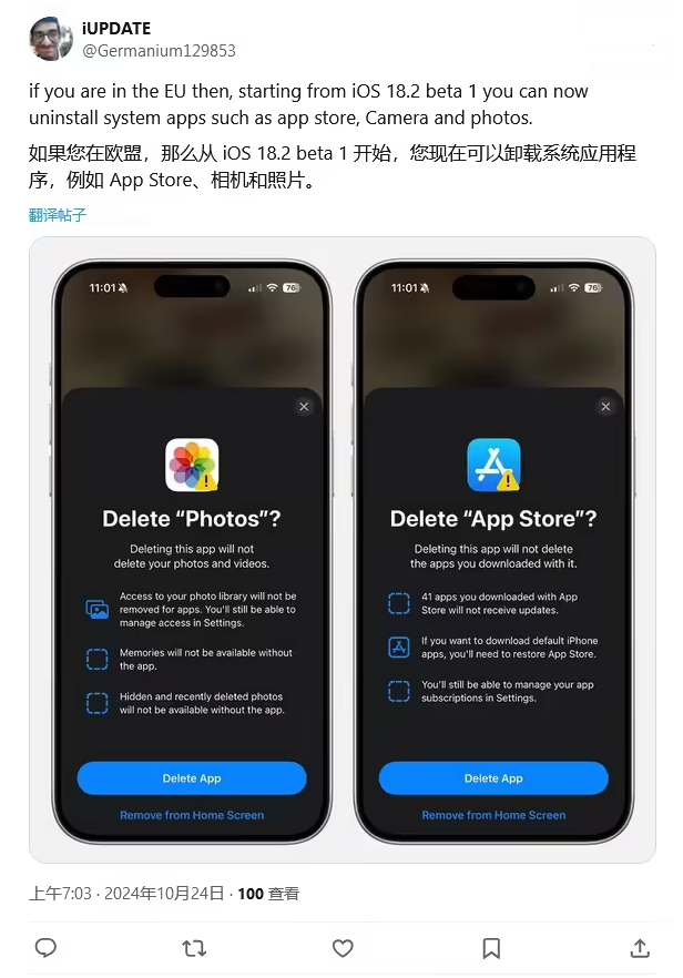 永新苹果手机维修分享iOS 18.2 支持删除 App Store 应用商店 